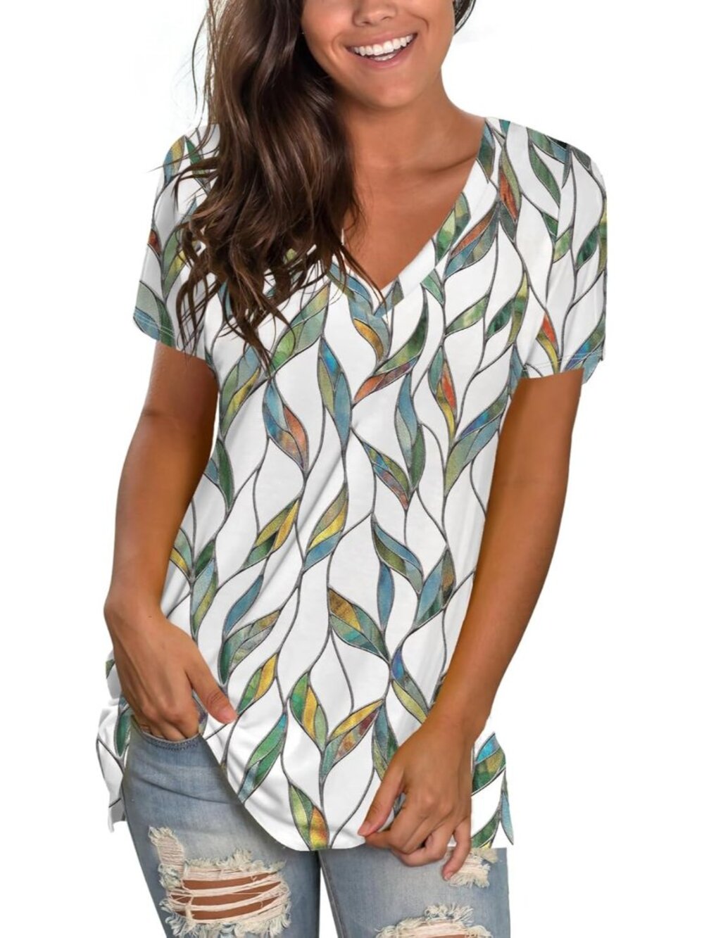 〽️Women Multi Leaf V Neck Tee Loose Fitting Casual Short Sleeve Tops T Shirt
